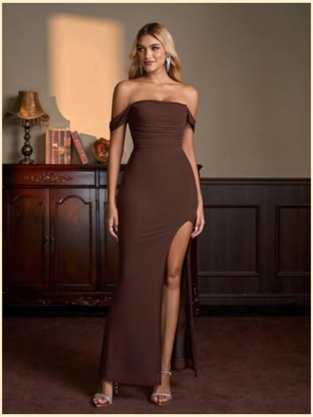 Off Shoulder Corset Maxi Dress with High Slit Ruched Bodycon - Picture 2 of 6